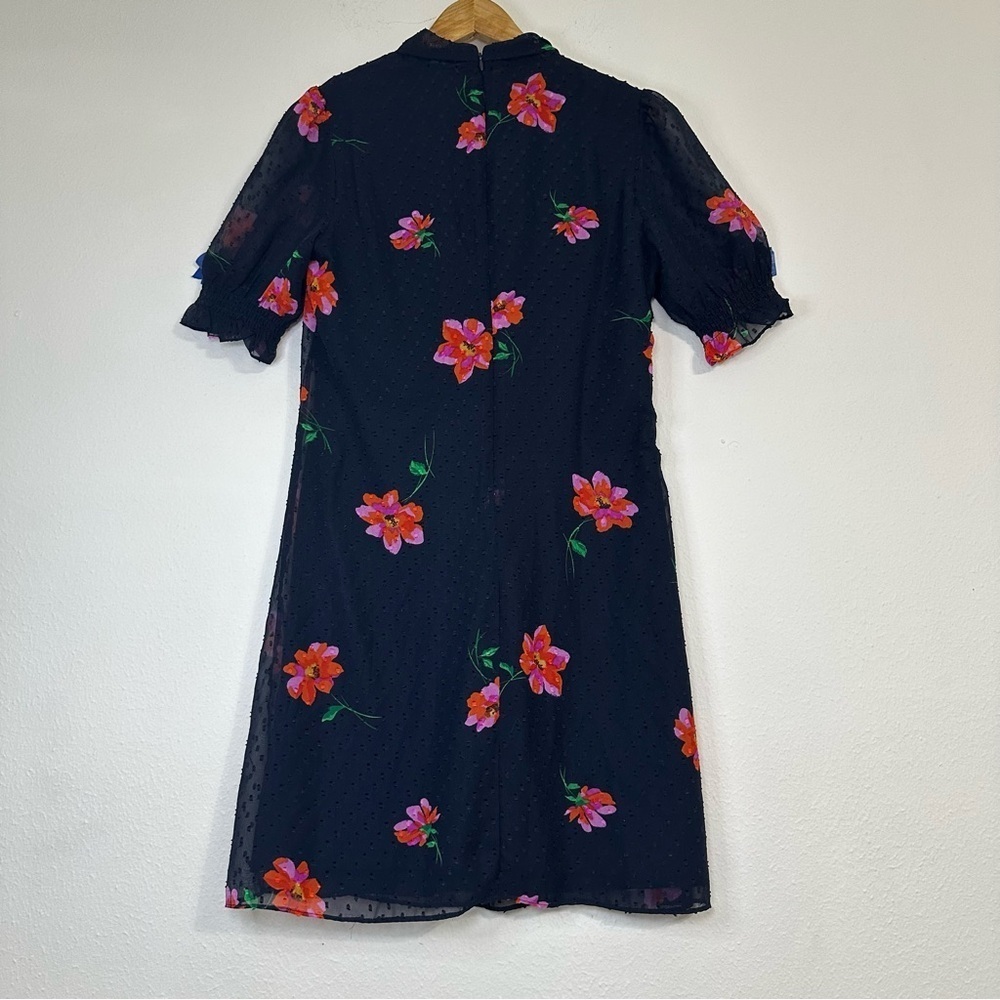 DKNY Party Floral Navy and Pink Flower Bow neck Ruffle Sheer Sleeves Mini Dress - Picture 3 of 16